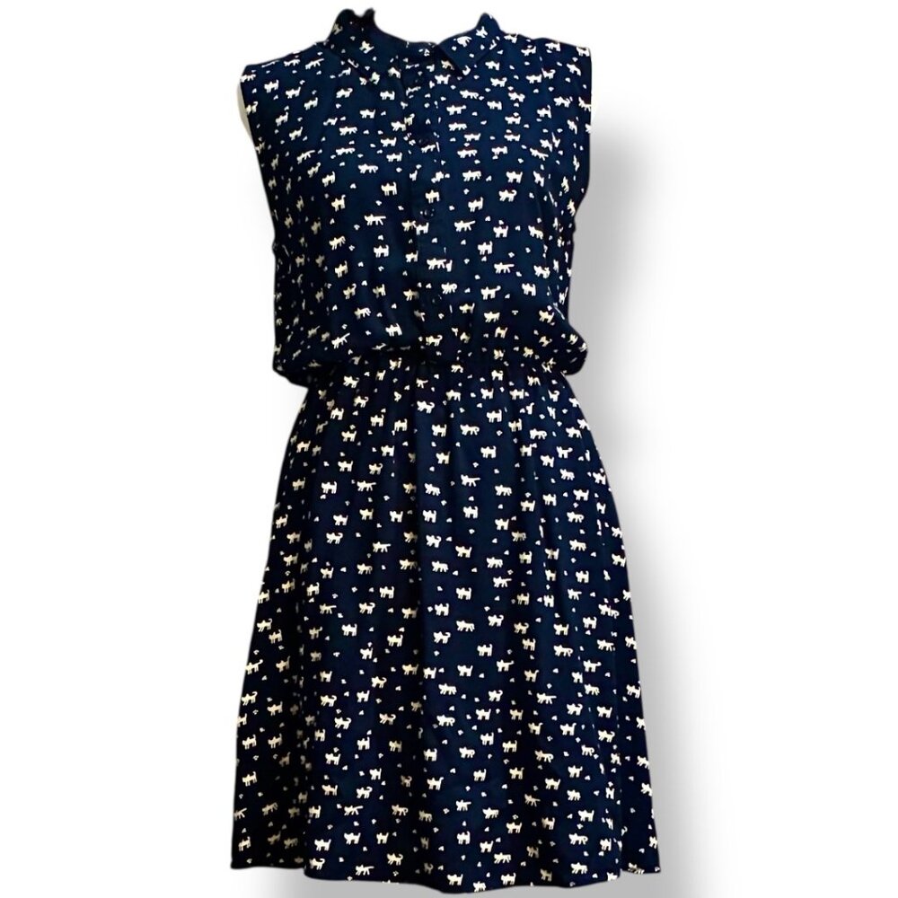 ALLEGRA K NAVY BLUE SLEEVELESS SHIRT DRESS WITH CREAM CAT PRINT SIZE MEDIUM